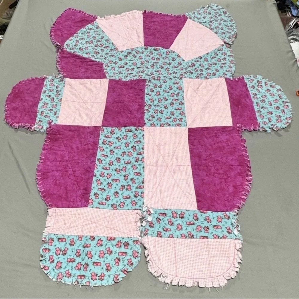 Handmade Pig Baby Blanket Lot w Douglas Pig Plush Pink Teal Rag Quilt